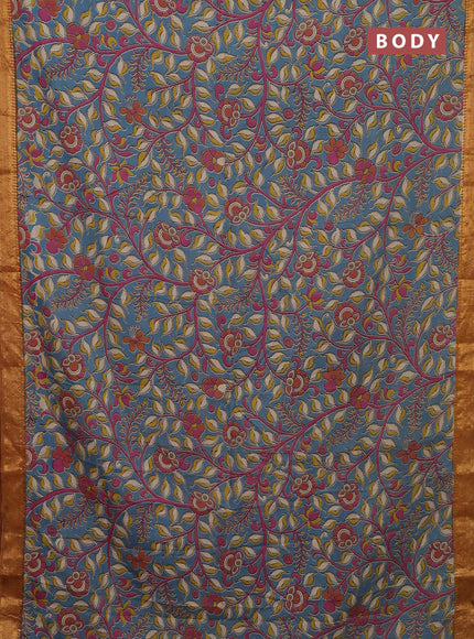 Kalamkari semi silk saree blue shade and mustard yellow with allover prints and zari woven border