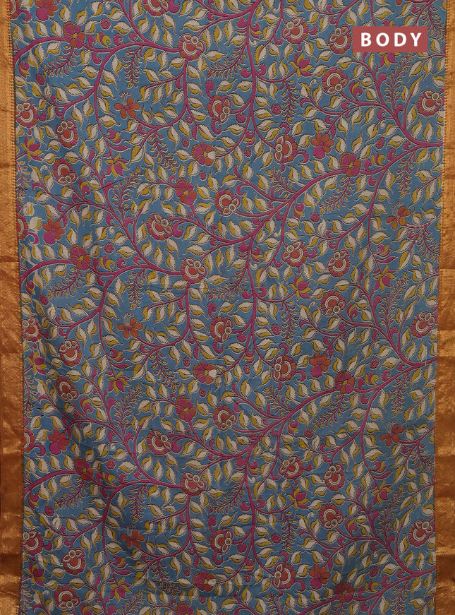 Kalamkari semi silk saree blue shade and mustard yellow with allover prints and zari woven border