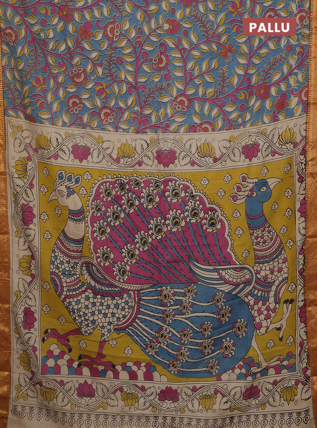 Kalamkari semi silk saree blue shade and mustard yellow with allover prints and zari woven border