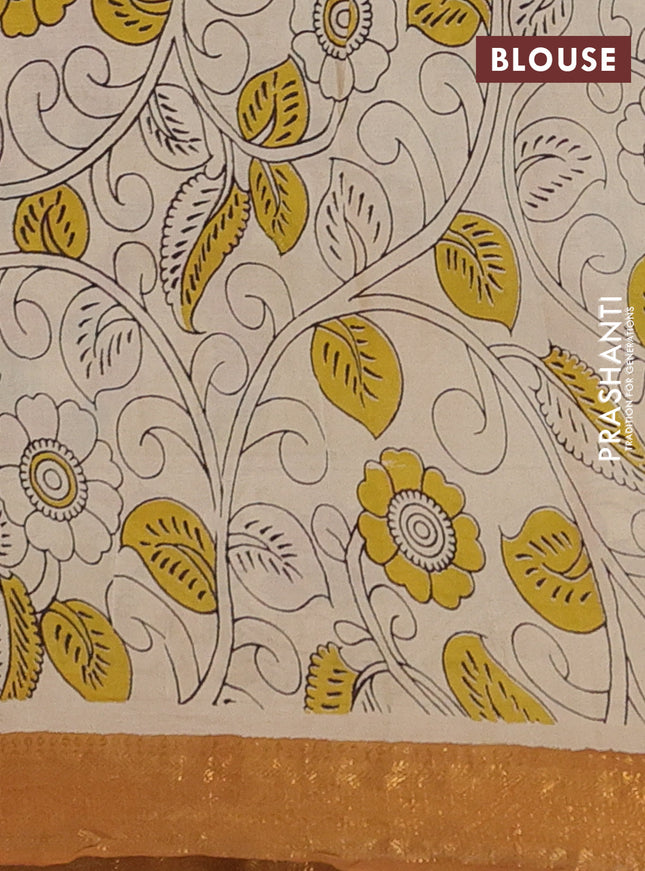 Kalamkari semi silk saree blue shade and mustard yellow with allover prints and zari woven border