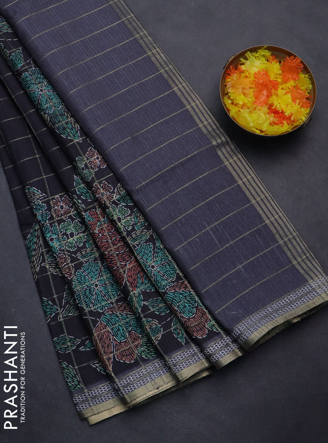 Semi tussar saree black and grey with allover zari checks & digital prints and zari woven border