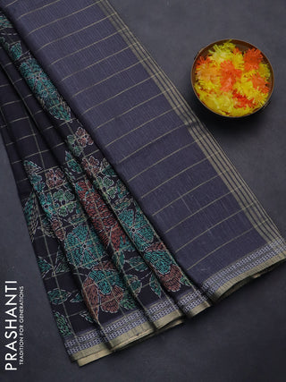 Semi tussar saree black and grey with allover zari checks & digital prints and zari woven border
