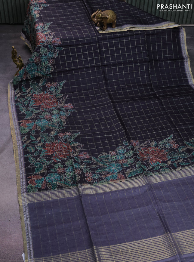 Semi tussar saree black and grey with allover zari checks & digital prints and zari woven border