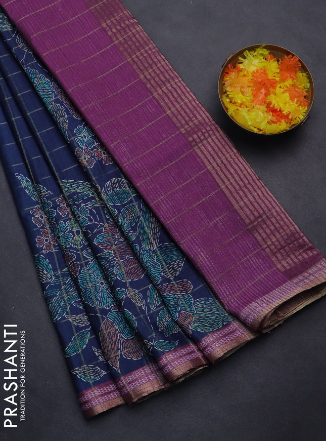 Semi tussar saree peacock blue and purple with allover zari checks & digital prints and zari woven border