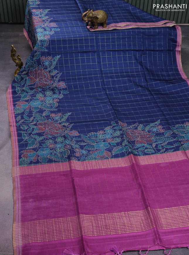 Semi tussar saree peacock blue and purple with allover zari checks & digital prints and zari woven border