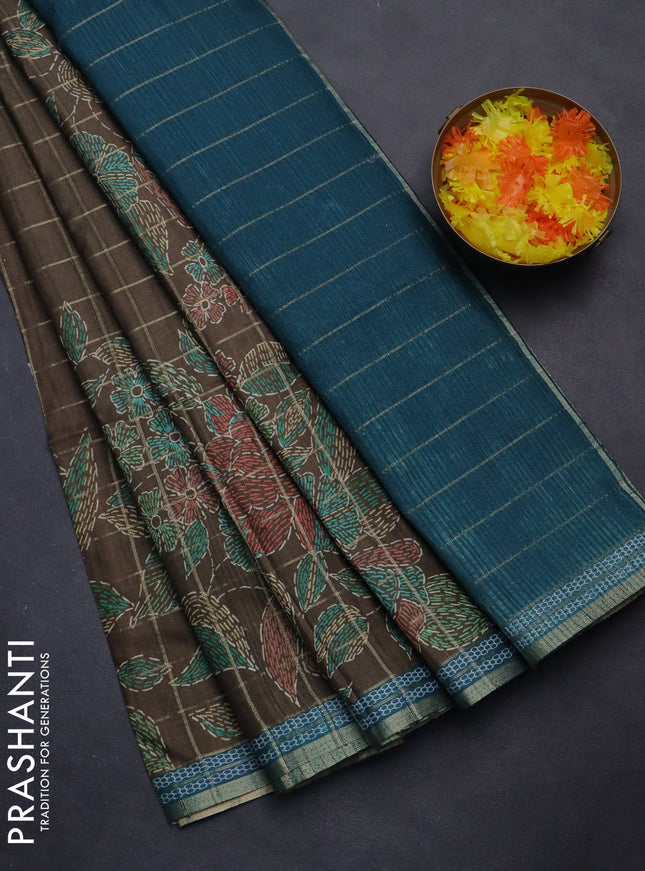 Semi tussar saree sap green and peacock green with allover zari checks & digital prints and zari woven border