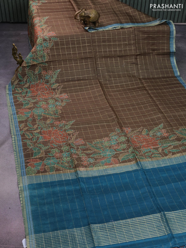 Semi tussar saree sap green and peacock green with allover zari checks & digital prints and zari woven border