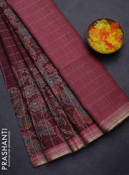 Semi tussar saree deep maroon and maroon shade with allover zari checks & digital prints and zari woven border