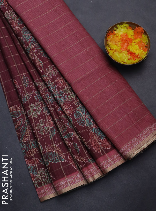 Semi tussar saree deep maroon and maroon shade with allover zari checks & digital prints and zari woven border
