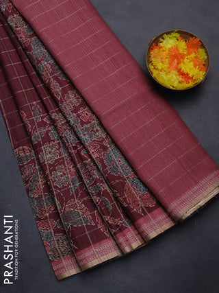 Semi tussar saree deep maroon and maroon shade with allover zari checks & digital prints and zari woven border