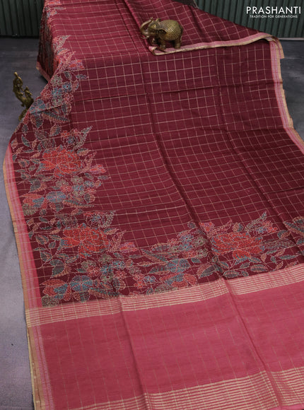 Semi tussar saree deep maroon and maroon shade with allover zari checks & digital prints and zari woven border