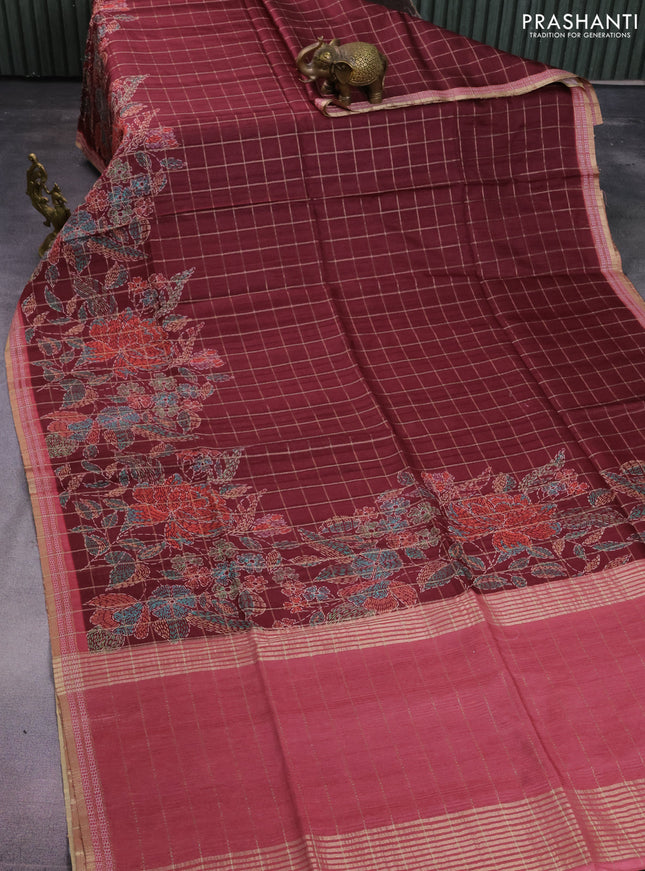 Semi tussar saree deep maroon and maroon shade with allover zari checks & digital prints and zari woven border