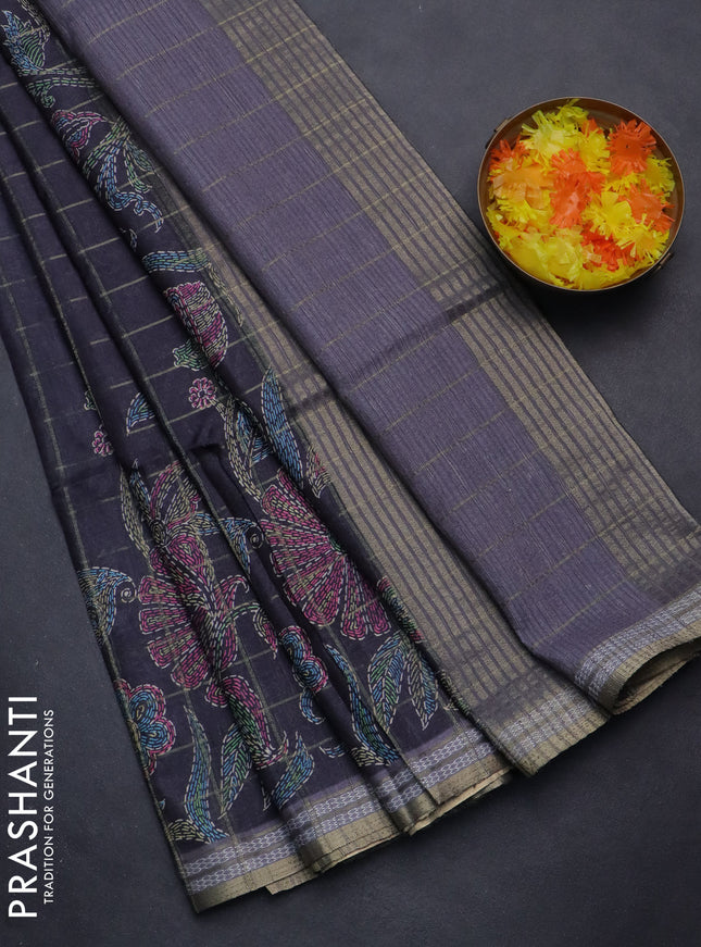 Semi tussar saree elephant grey with allover zari checks & digital prints and zari woven border