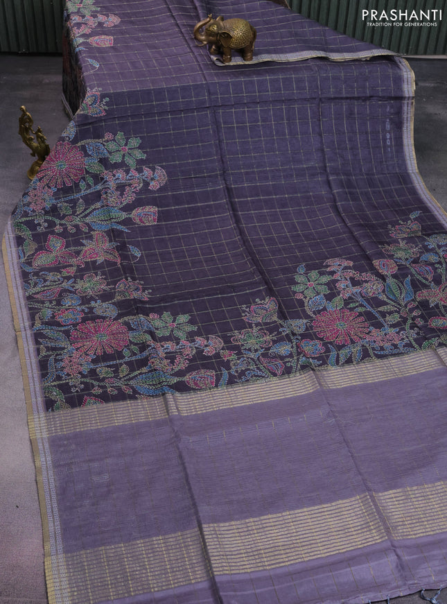 Semi tussar saree elephant grey with allover zari checks & digital prints and zari woven border