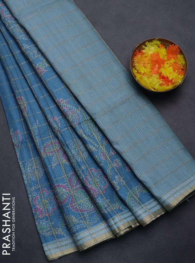 Semi tussar saree blue and pastel blue with allover zari checks & digital prints and zari woven border