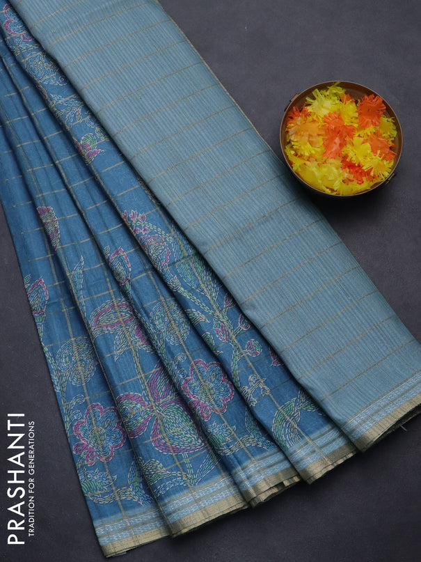 Semi tussar saree blue and pastel blue with allover zari checks & digital prints and zari woven border