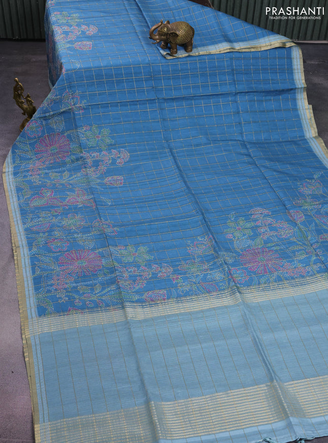 Semi tussar saree blue and pastel blue with allover zari checks & digital prints and zari woven border