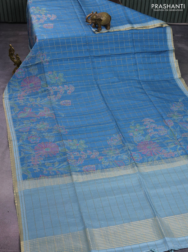 Semi tussar saree blue and pastel blue with allover zari checks & digital prints and zari woven border