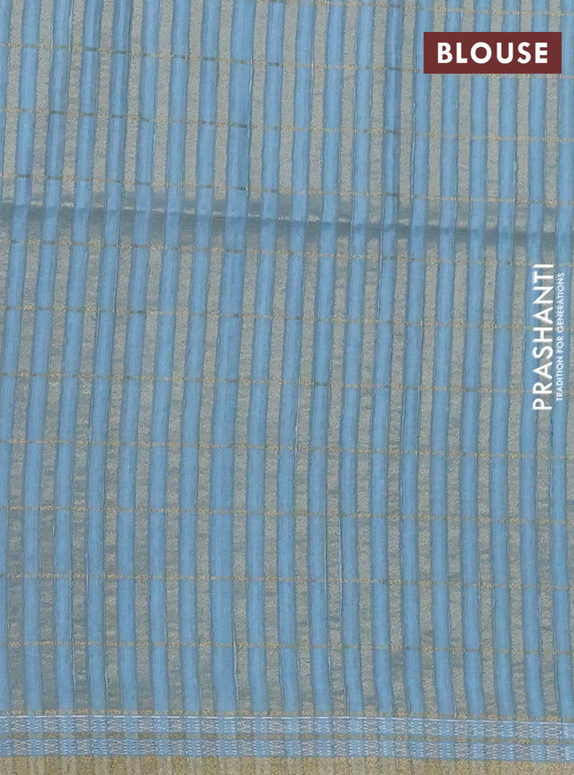 Semi tussar saree blue and pastel blue with allover zari checks & digital prints and zari woven border