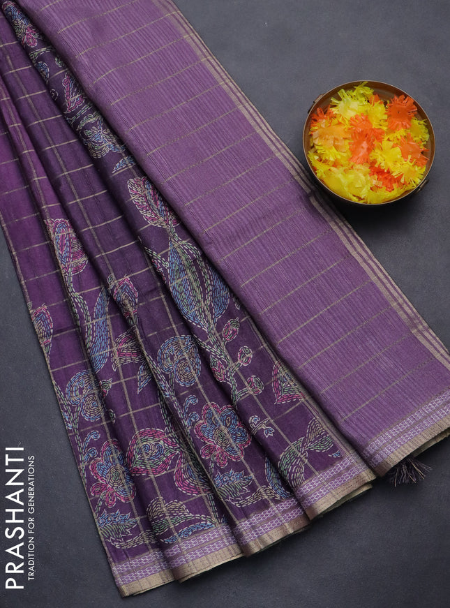Semi tussar saree purple and lavender with allover zari checks & digital prints and zari woven border