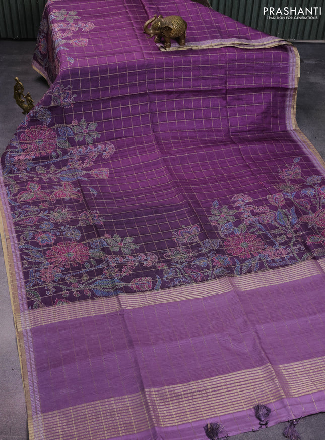 Semi tussar saree purple and lavender with allover zari checks & digital prints and zari woven border