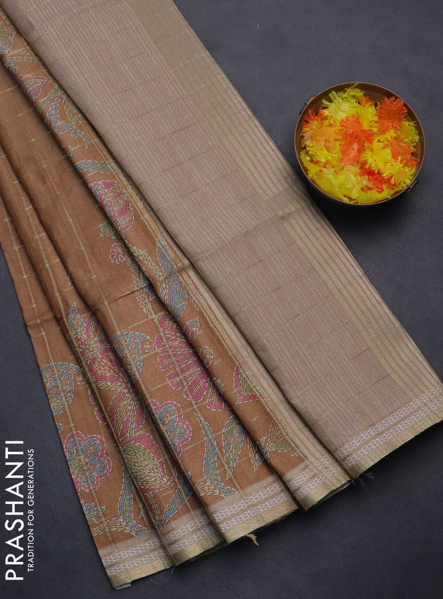 Semi tussar saree sandal and beige with allover zari checks & digital prints and zari woven border