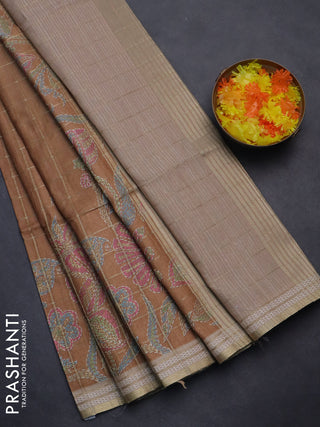 Semi tussar saree sandal and beige with allover zari checks & digital prints and zari woven border