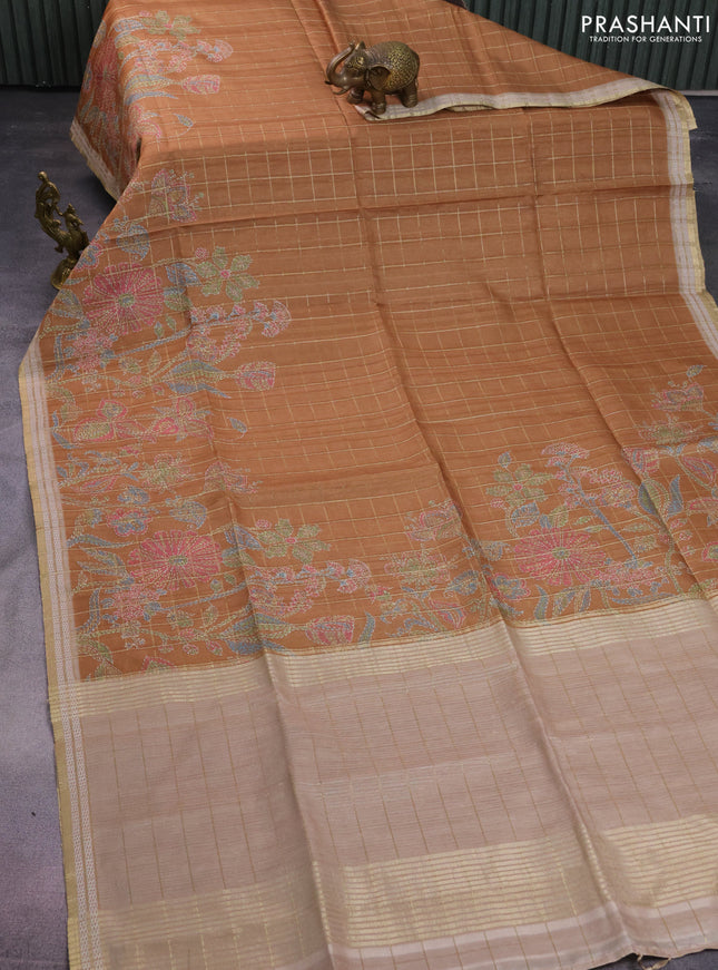 Semi tussar saree sandal and beige with allover zari checks & digital prints and zari woven border