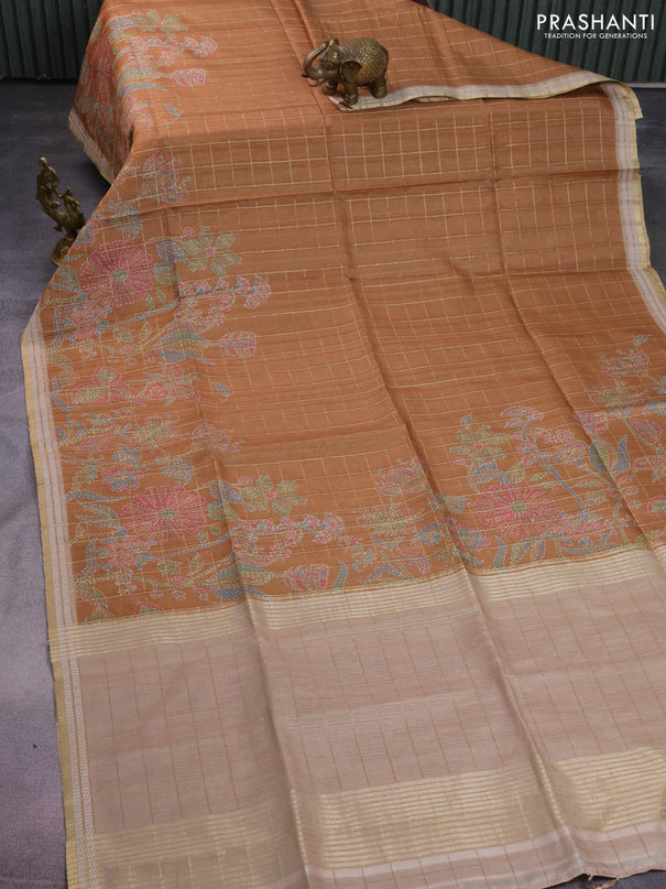 Semi tussar saree sandal and beige with allover zari checks & digital prints and zari woven border