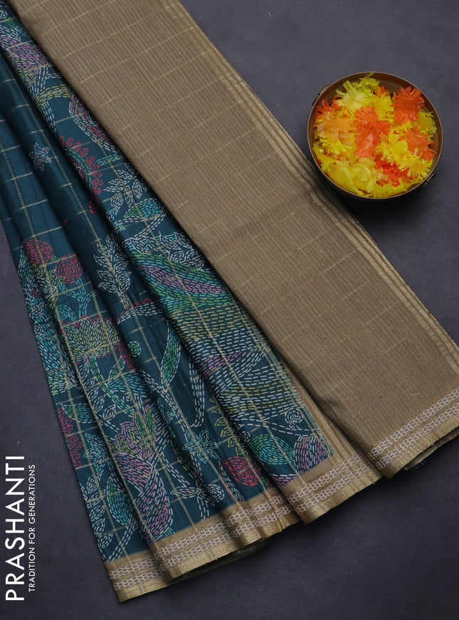 Semi tussar saree peacock green and elaichi green with allover zari checks & digital prints and zari woven border
