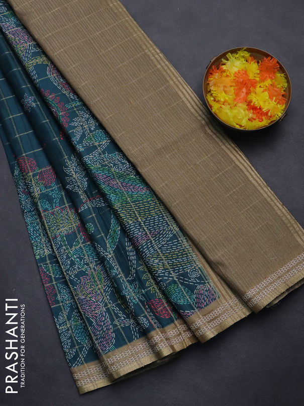 Semi tussar saree peacock green and elaichi green with allover zari checks & digital prints and zari woven border