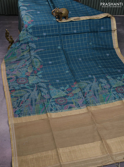 Semi tussar saree peacock green and elaichi green with allover zari checks & digital prints and zari woven border
