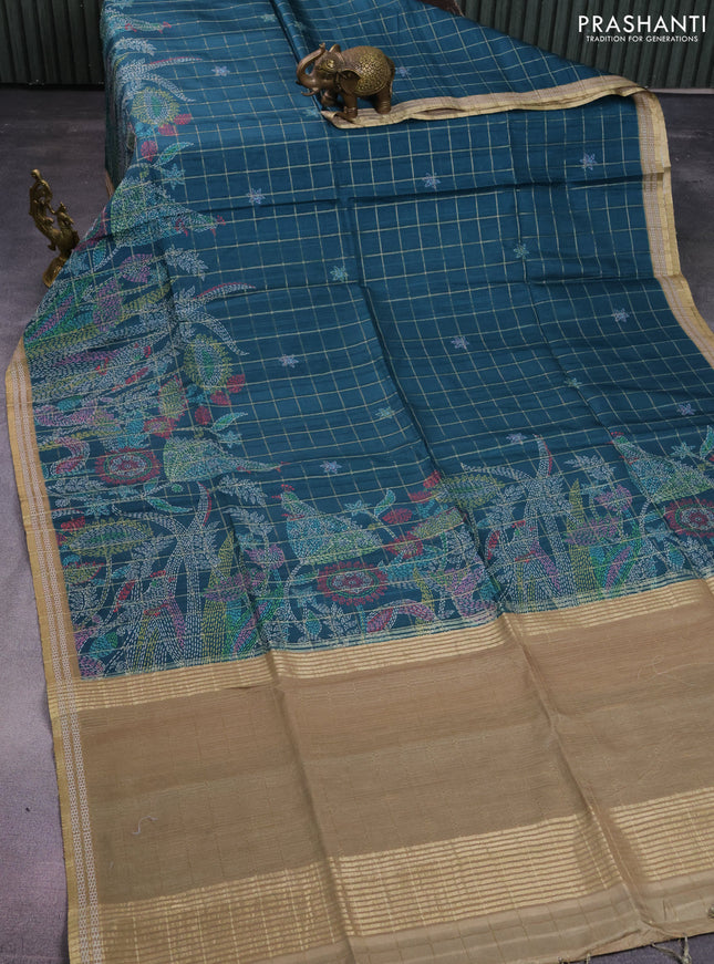 Semi tussar saree peacock green and elaichi green with allover zari checks & digital prints and zari woven border