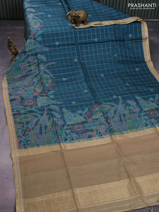 Semi tussar saree peacock green and elaichi green with allover zari checks & digital prints and zari woven border
