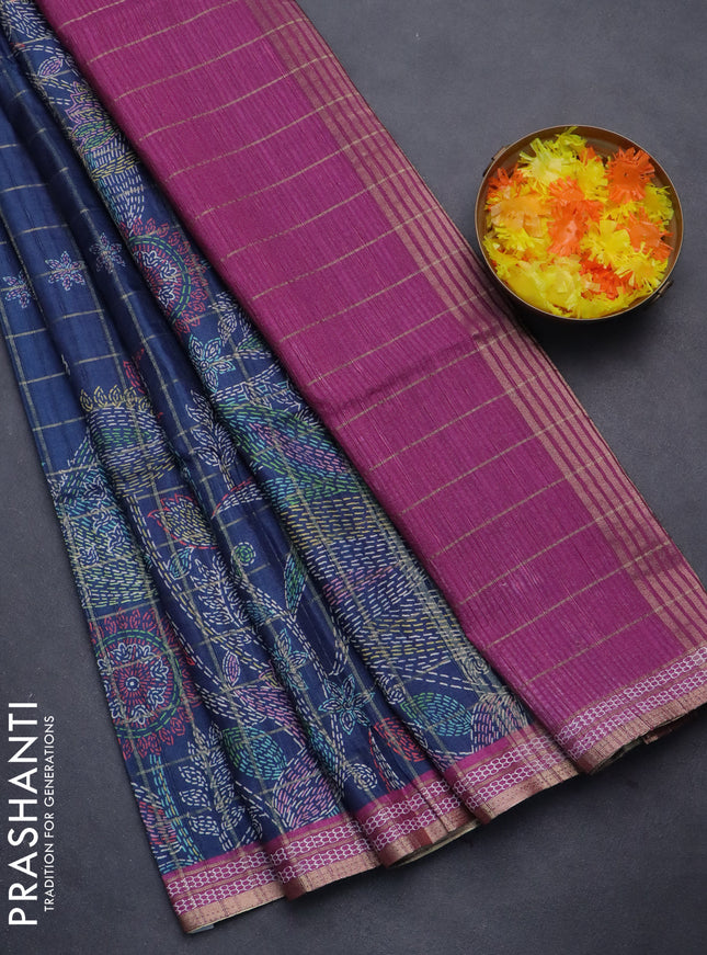 Semi tussar saree peacock blue and magenta pink with allover zari checks & digital prints and zari woven border