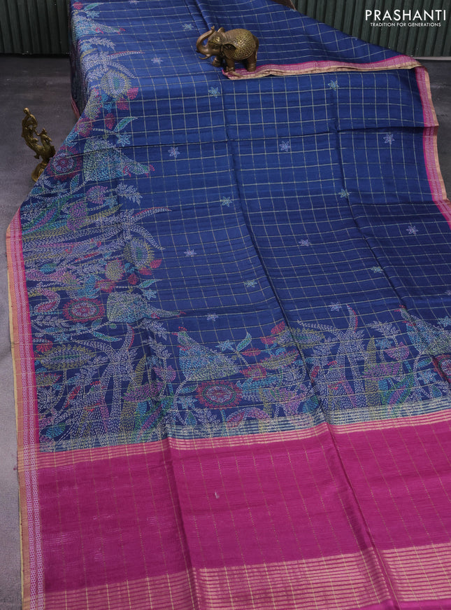 Semi tussar saree peacock blue and magenta pink with allover zari checks & digital prints and zari woven border