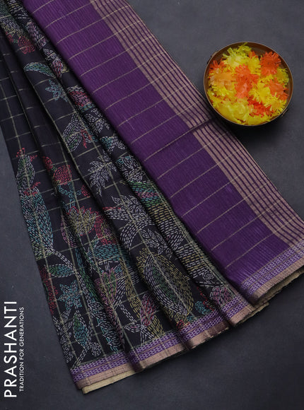 Semi tussar saree black and purple with allover zari checks & digital prints and zari woven border