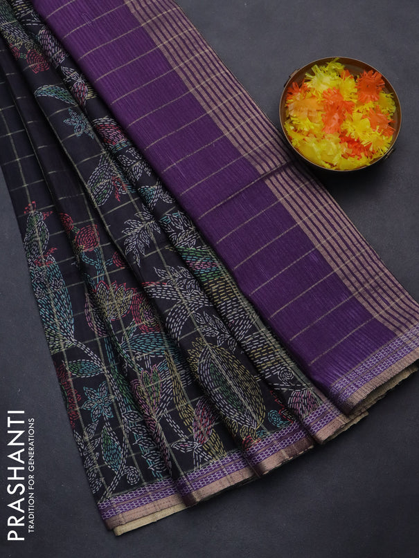 Semi tussar saree black and purple with allover zari checks & digital prints and zari woven border