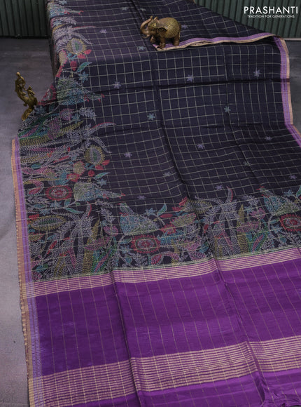 Semi tussar saree black and purple with allover zari checks & digital prints and zari woven border