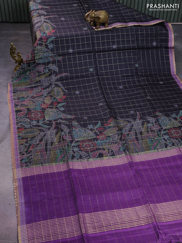 Semi tussar saree black and purple with allover zari checks & digital prints and zari woven border