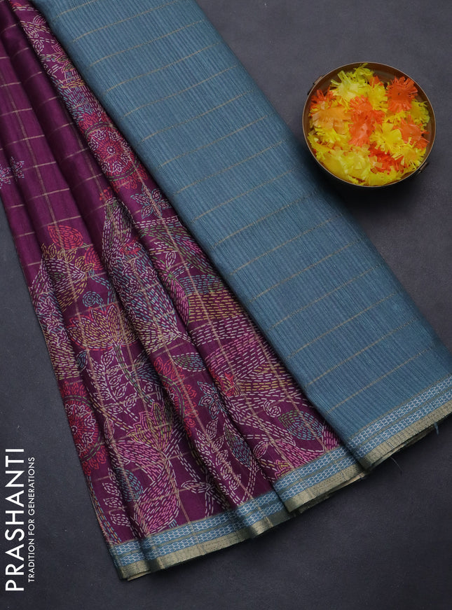 Semi tussar saree magenta pink and pastel blue with allover zari checks & digital prints and zari woven border