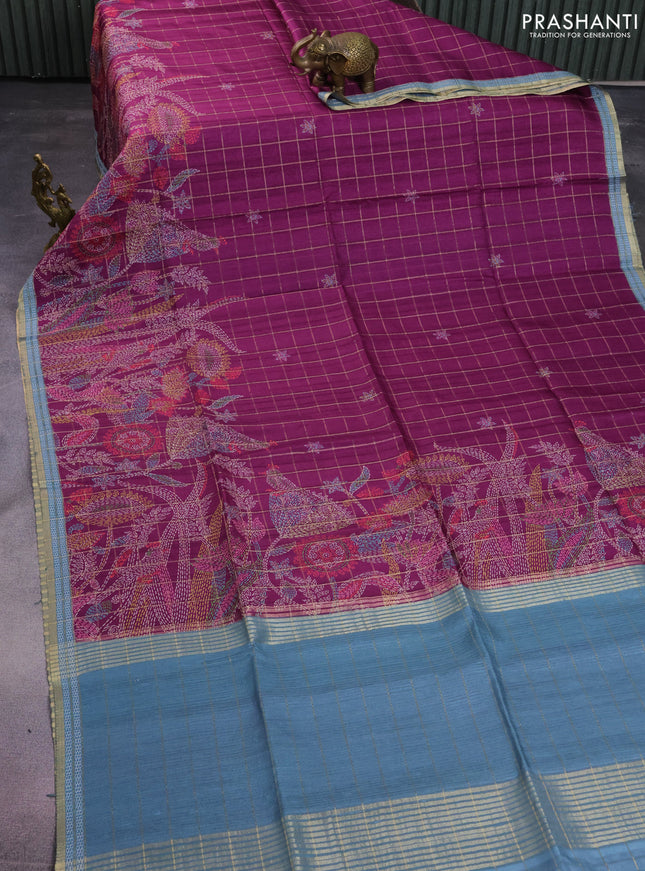 Semi tussar saree magenta pink and pastel blue with allover zari checks & digital prints and zari woven border