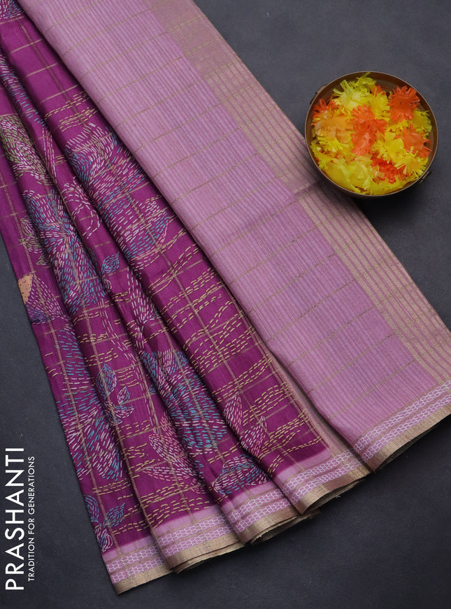 Semi tussar saree purple and light pink with allover zari checks & digital prints and zari woven border