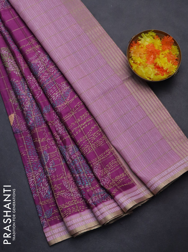 Semi tussar saree purple and light pink with allover zari checks & digital prints and zari woven border