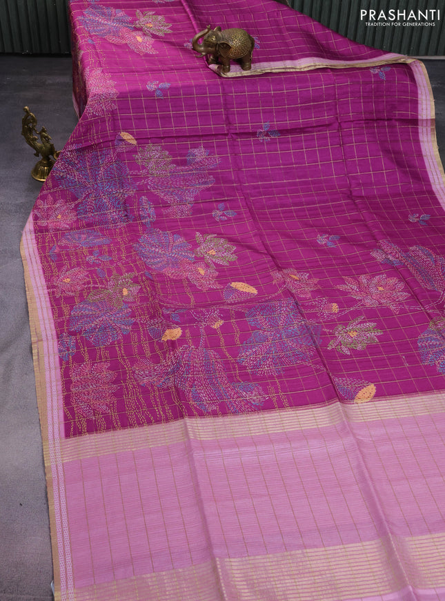 Semi tussar saree purple and light pink with allover zari checks & digital prints and zari woven border