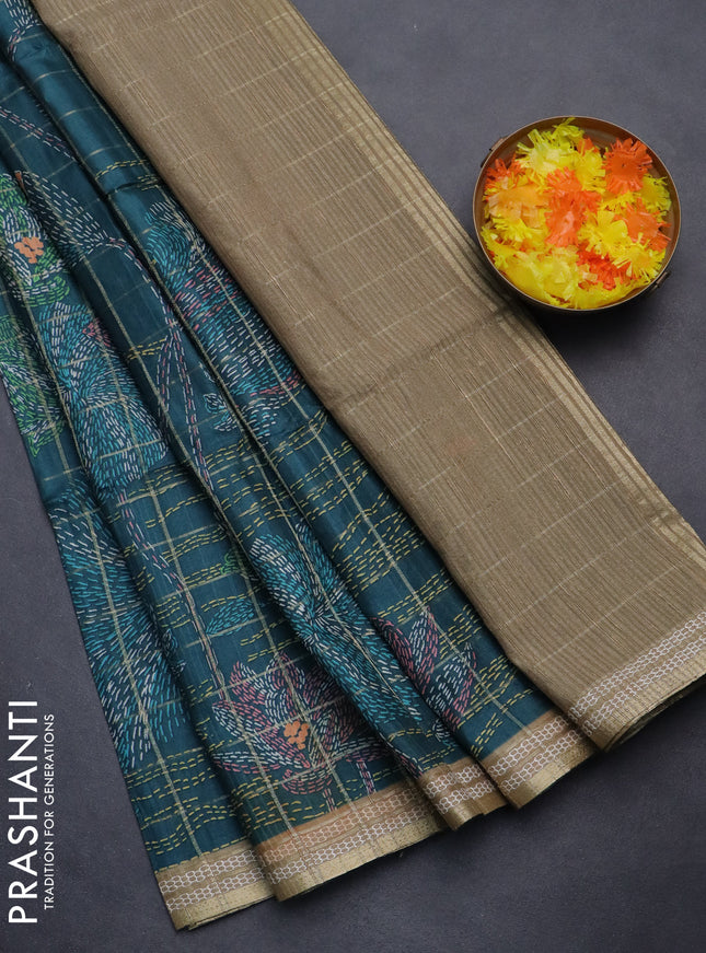 Semi tussar saree peacock green and elaichi green with allover zari checks & digital prints and zari woven border