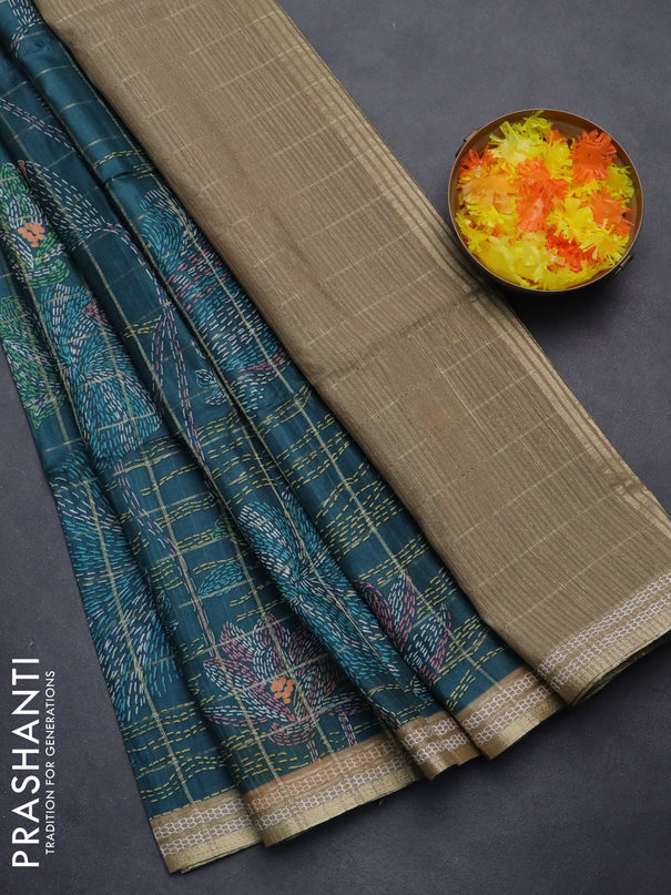 Semi tussar saree peacock green and elaichi green with allover zari checks & digital prints and zari woven border