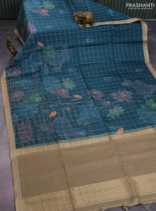 Semi tussar saree peacock green and elaichi green with allover zari checks & digital prints and zari woven border