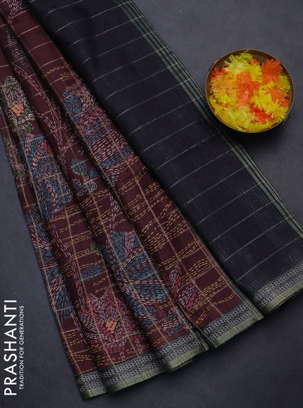 Semi tussar saree maroon and black with allover zari checks & digital prints and zari woven border