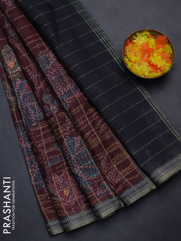 Semi tussar saree maroon and black with allover zari checks & digital prints and zari woven border